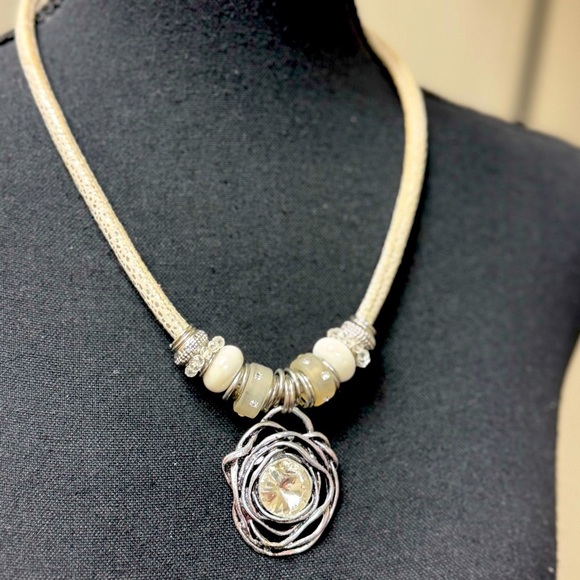 Unique White Rope 20-Inch Necklace/ silver wrapped around a Rhinestone/ beading - Picture 1 of 5